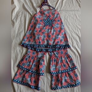 Ann Loren 4th Of July American Flag Outfit Ruffle Pants And Halter Top Sz 7/8